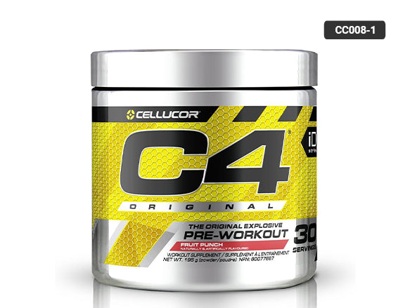 Cellucor C4 Original Pre-Workout Fruit Punch which contains caffeine, beta-alanine and creatine for increasing your focus and performance.